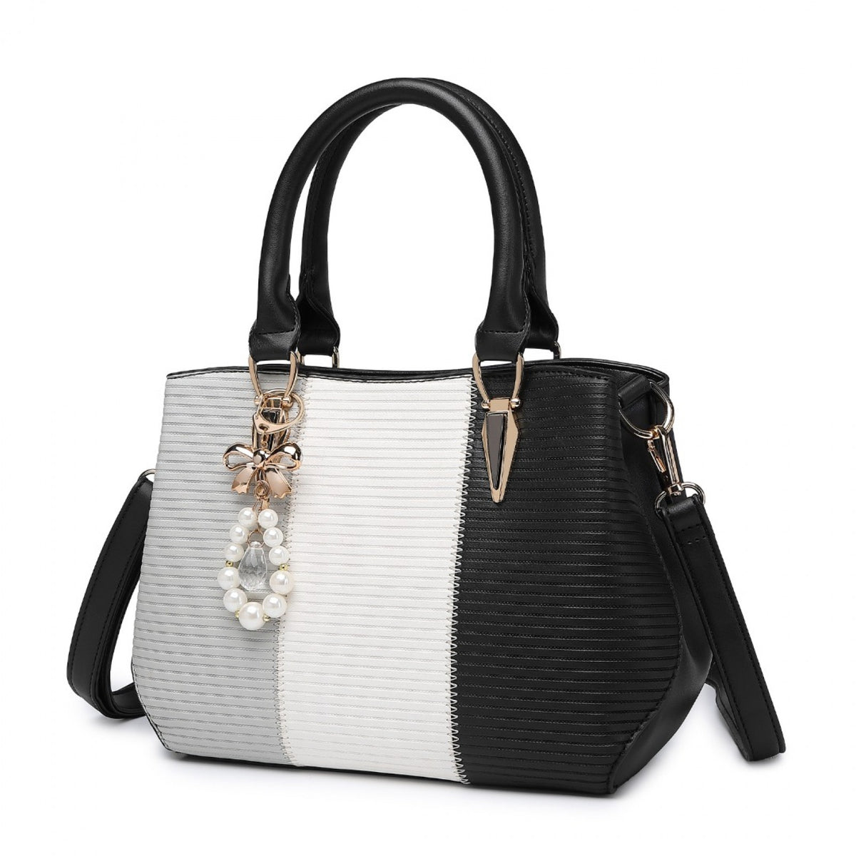 Miss Lulu Leather Look Colour Block Bow Pendant Handbag