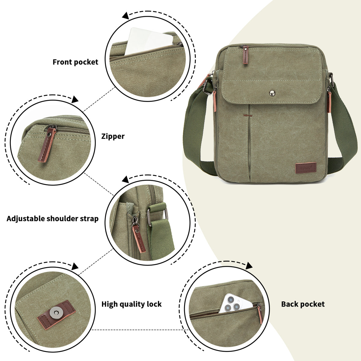 Kono Canvas Crossbody Shoulder Bag– Multi-Pocket Messenger Bag