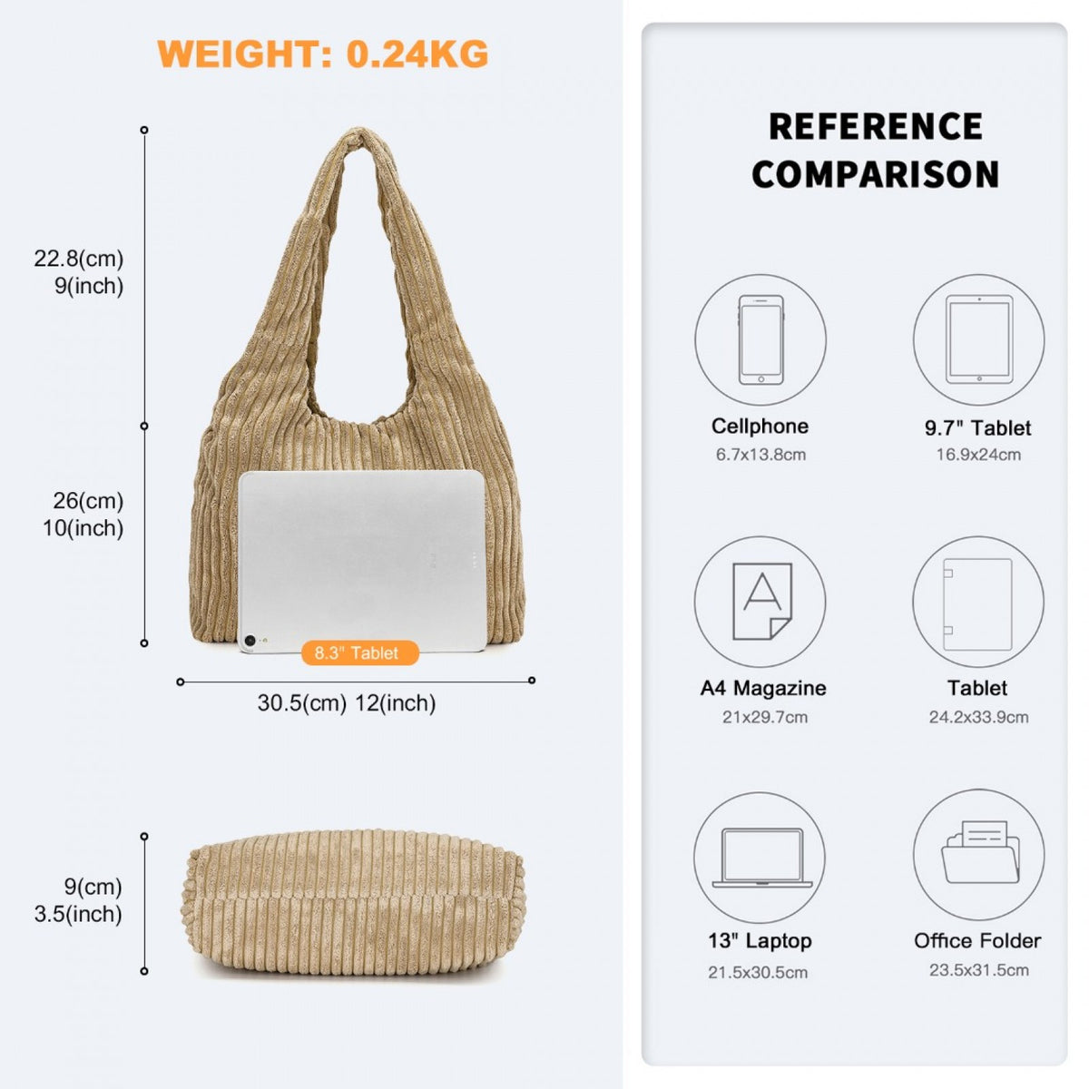 Miss Lulu Reversible Corduroy Shoulder Bag with Spacious Interior