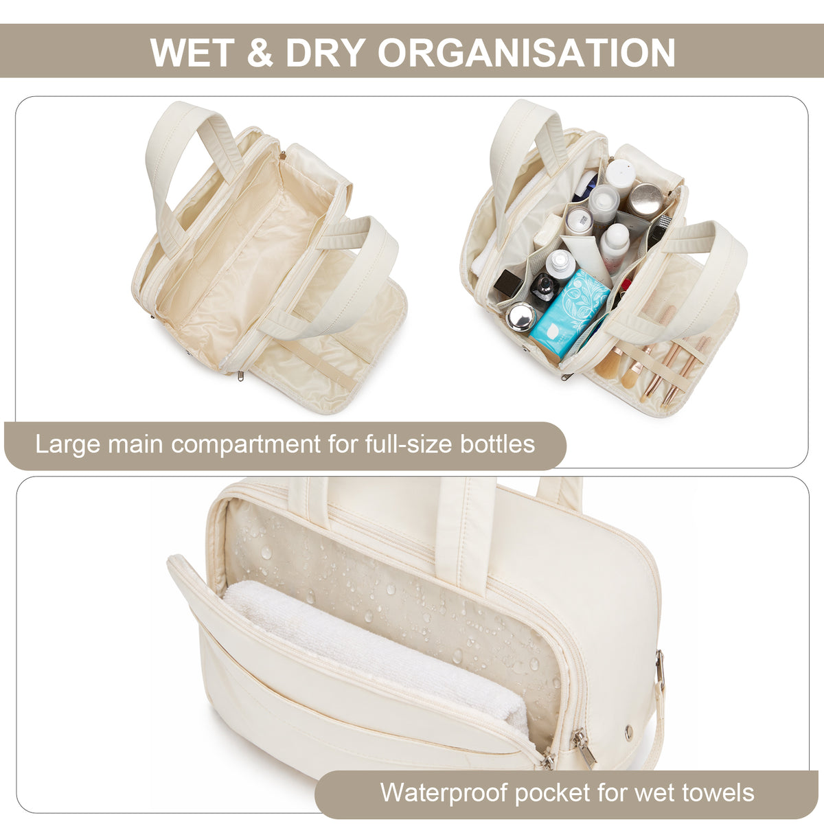 Kono Travel Quilted Toiletry Bag– Water-Resistant, Wet/Dry Pocket