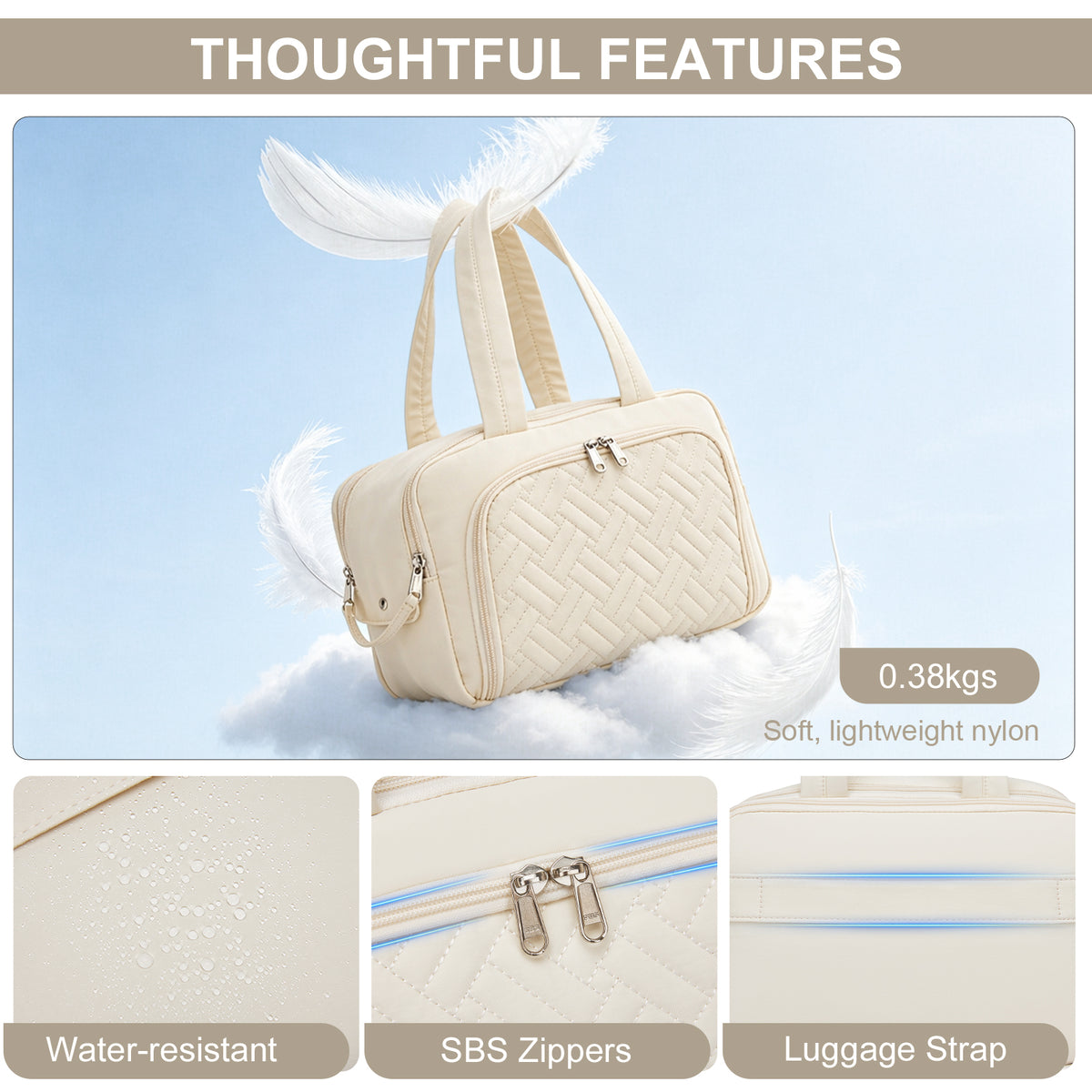 Kono Travel Quilted Toiletry Bag– Water-Resistant, Wet/Dry Pocket