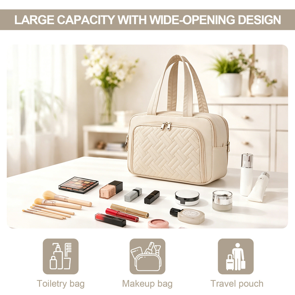 Kono Travel Quilted Toiletry Bag– Water-Resistant, Wet/Dry Pocket