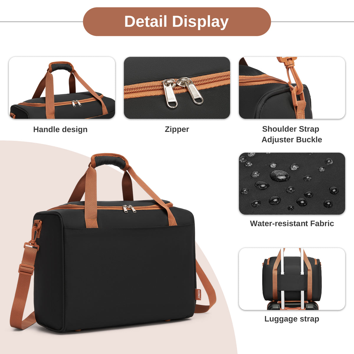 Kono Compact and Lightweight 40×30×20 Personal-Item Travel Bag- U-Zip Wide