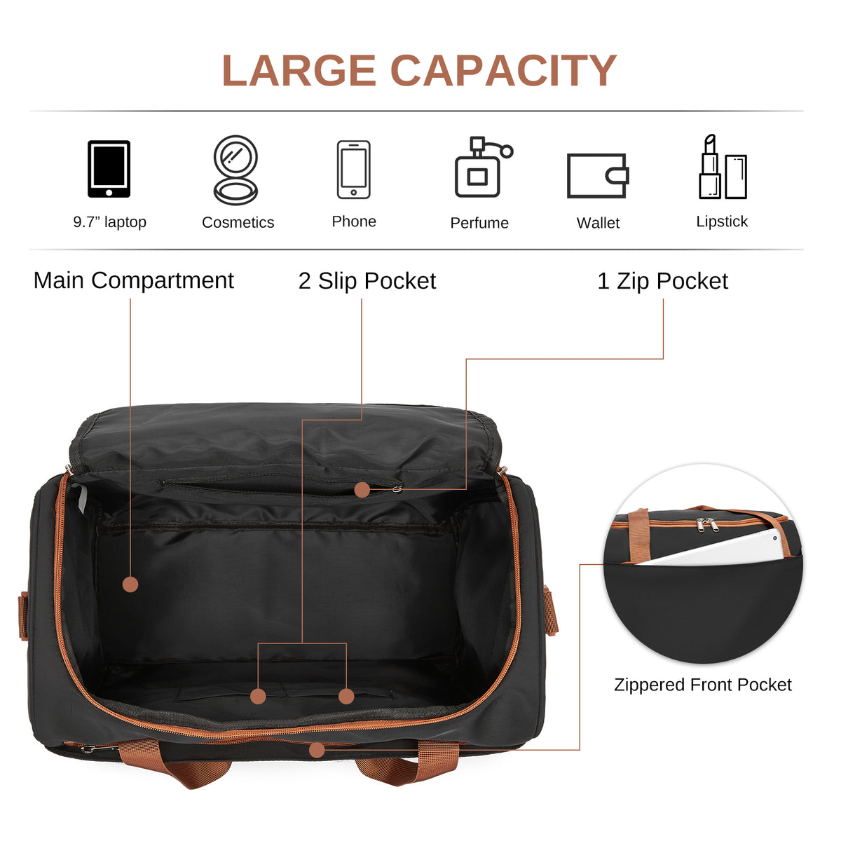 Kono Compact and Lightweight 40×30×20 Personal-Item Travel Bag- U-Zip Wide