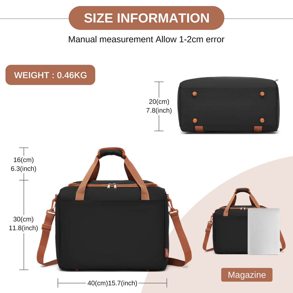 Kono Compact and Lightweight 40×30×20 Personal-Item Travel Bag- U-Zip Wide
