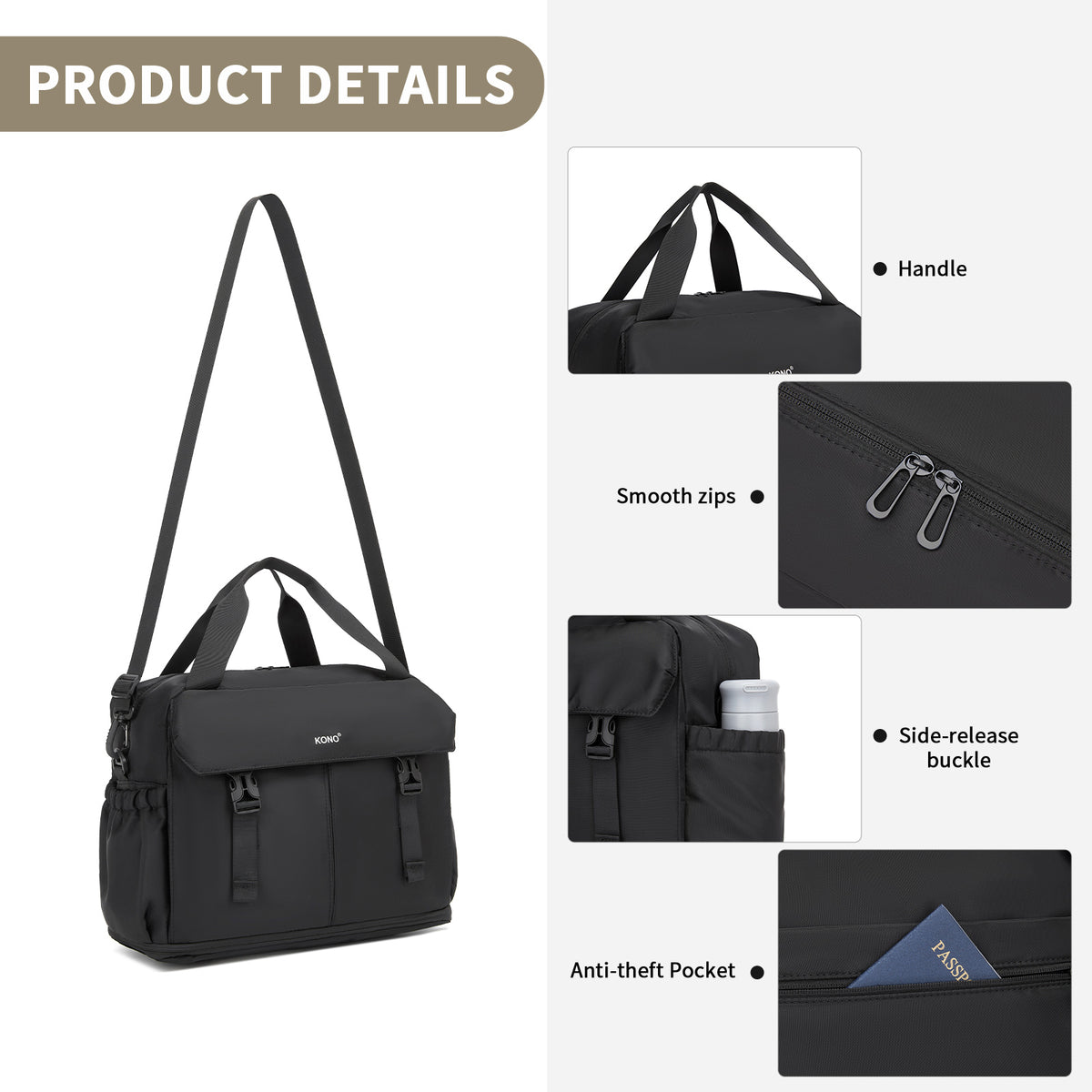 Kono Expandable Cabin Travel Bag 40×30×20cm- Large Capacity, Water-Resistant