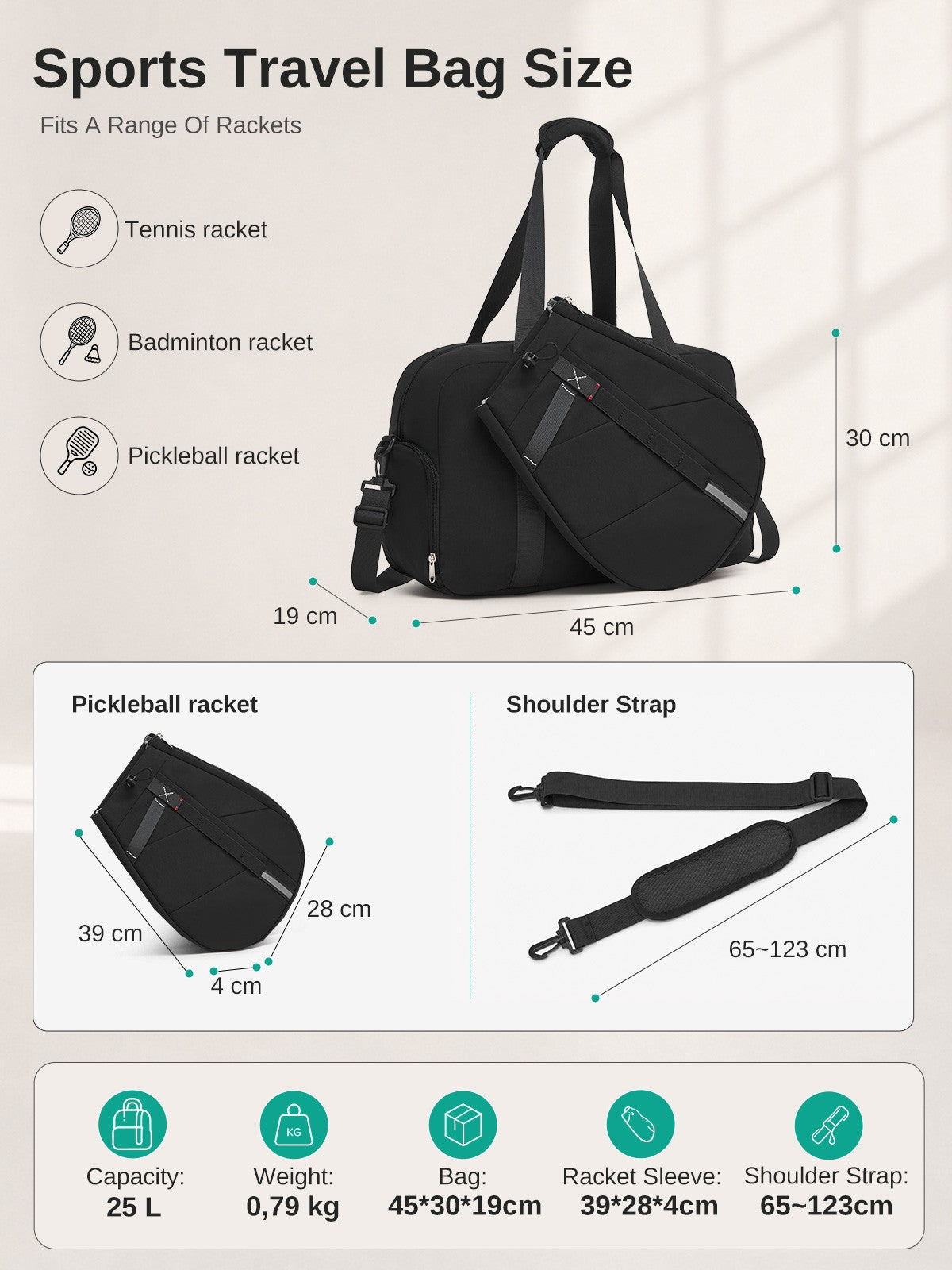 Kono 25L Unisex Modular Tennis Travel Bag, Water Repellent Nylon Gym Bag