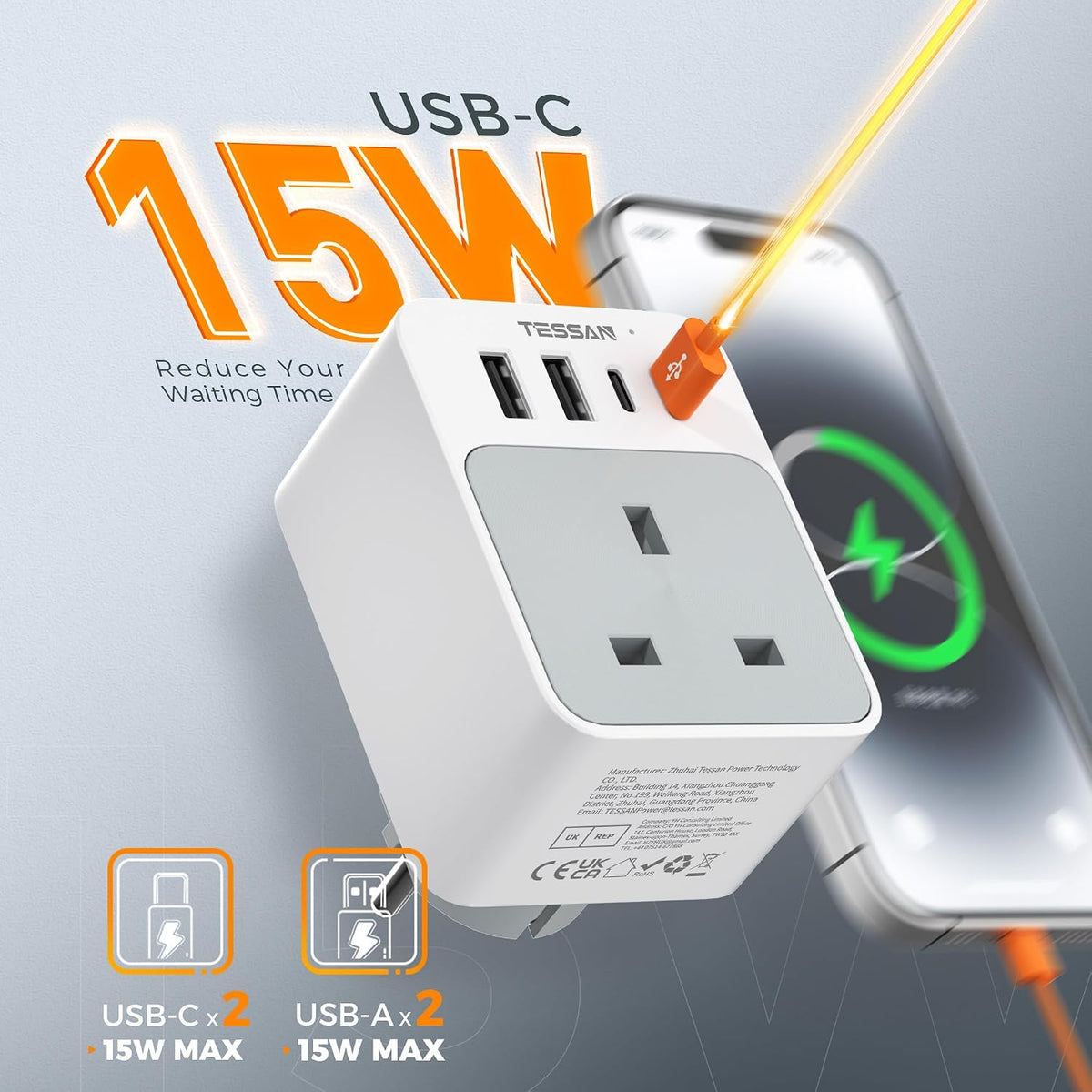 UK to European Plug Adapter, Type E F Travel Adapter with USB C
