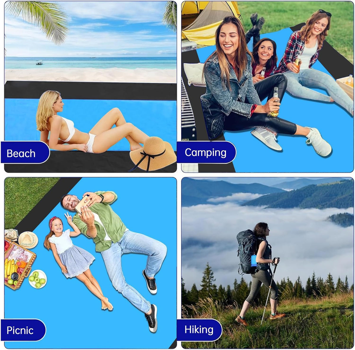 Beach Blanket Beach Mat, 280X300Cm Picnic Blanket Extra Large, Sandless Waterproof Beach Mats with 4 Stakes for 7-10 Adults,Sand Free Beach Accessories,Camping,Outdoor Essentials
