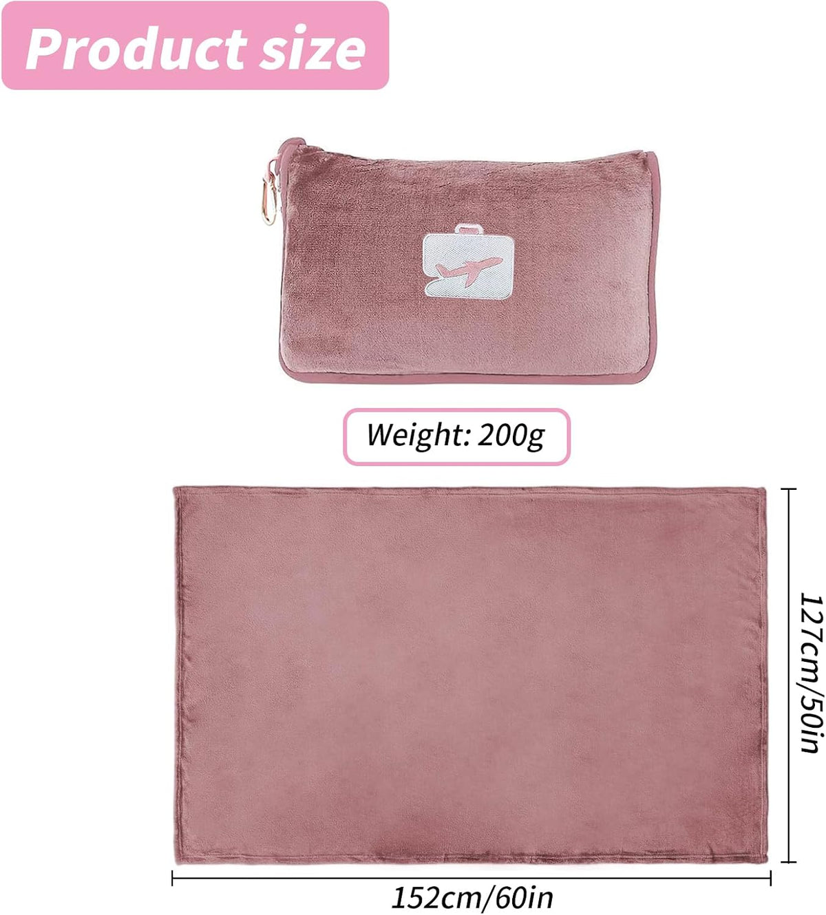Travel Blanket and Pillow, Ultra Soft 2 in 1 Airplane Blanket with Compact Pillowcase, Luggage Strap, Lightweight Travel Essential, Ideal for Long Flights, Camping, Sunset (Light Pink)