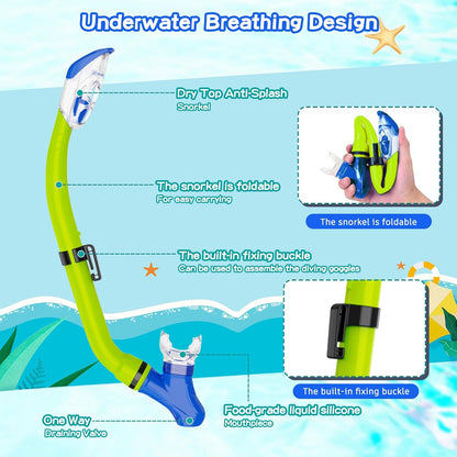 Snorkeling Gear for Kids with Foldable Silicone Full Dry Snorkel, Kids Snorkel Set anti Leak Youth Junior Snorkeling Package Diving Mask Soft Tube with Mesh Bag Swimming Goggles