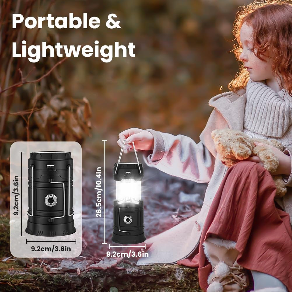 Camping Lantern, Rechargeable Camping Lights with Solar, Camping Lantern Battery Powered with Foldable Hook, LED Solar Camping Lamp for Emergency, Hiking, Camping, Fishing, SOS, Outdoor