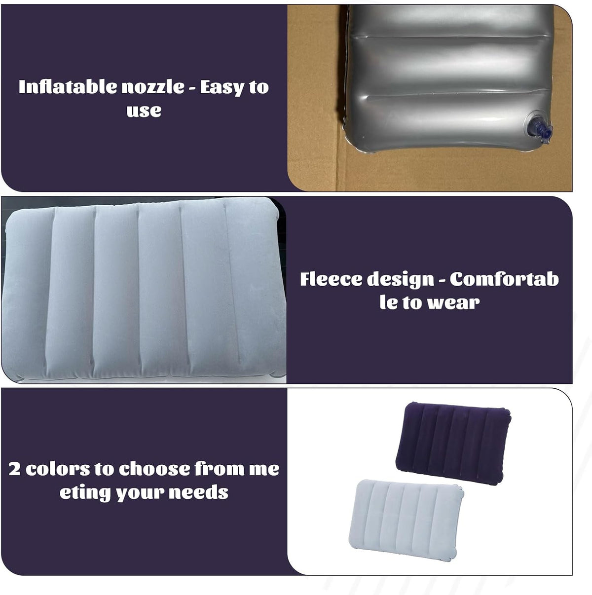 2 PCS Inflatable Camping Pillow,Ultralight Compact Blow up Pillow,Soft Flocked Blow up Pillow,Waterproof Portable for Beach Travel Sunbathing Camping Sleeping Outdoor (Purple, Grey)