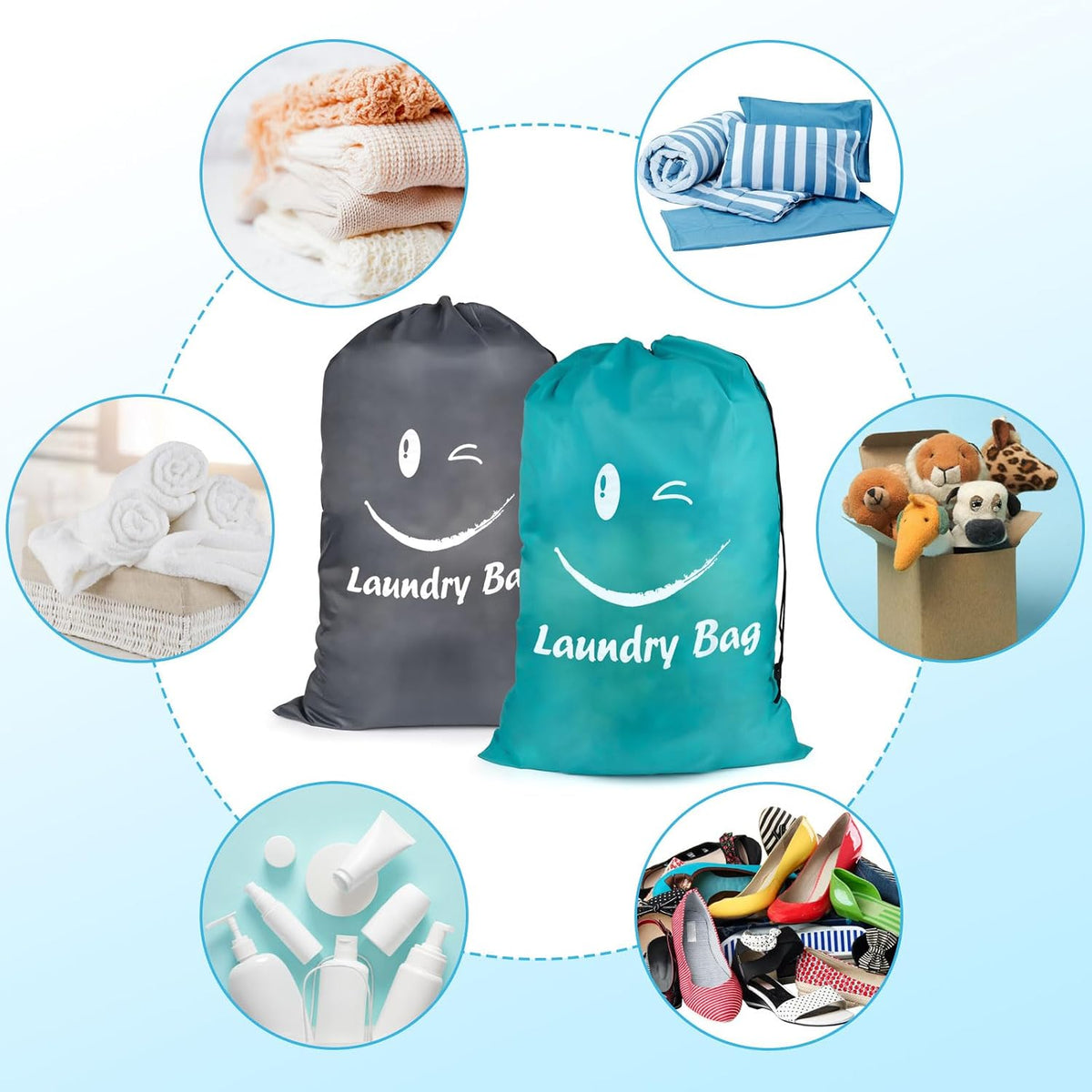 2 PCS Travel Laundry Bags, 24" X 36" Portable Large Laundry Bag (Grey,Blue)