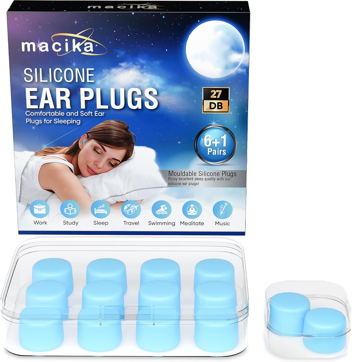 Soft Silicone Ear Plugs for Sleeping 7 Pairs, 27Db Noise Cancelling, Premium Moldable Ear Plugs, Comfy, Reusable Customisable Earplugs for Sleep, Travel, Studying, Noise Reduction, Waterproof