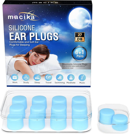 Soft Silicone Ear Plugs for Sleeping 7 Pairs, 27Db Noise Cancelling, Premium Moldable Ear Plugs, Comfy, Reusable Customisable Earplugs for Sleep, Travel, Studying, Noise Reduction, Waterproof