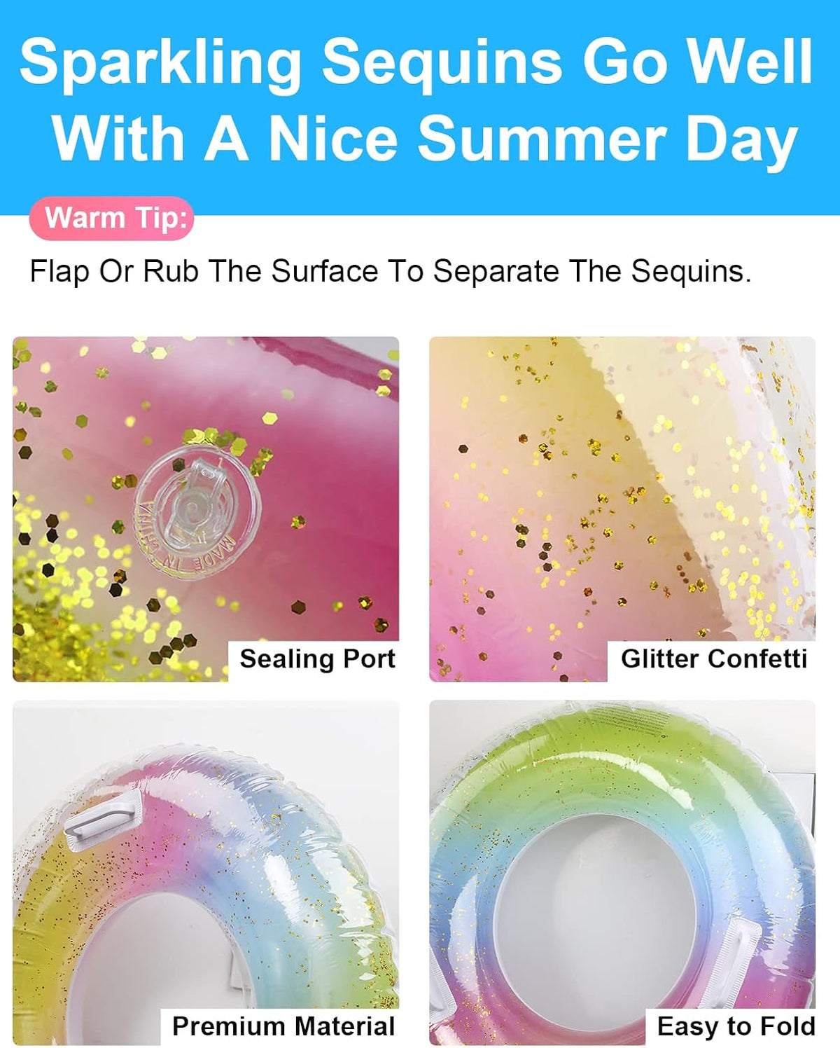 Swimming Ring Adults, Rainbow Sequins Swim Ring with Safy Handle, Transparent Floating Ring, Durable Inflatable Pool Floats, Swimming Ring Tube for Summer Pool Party and Water Sports