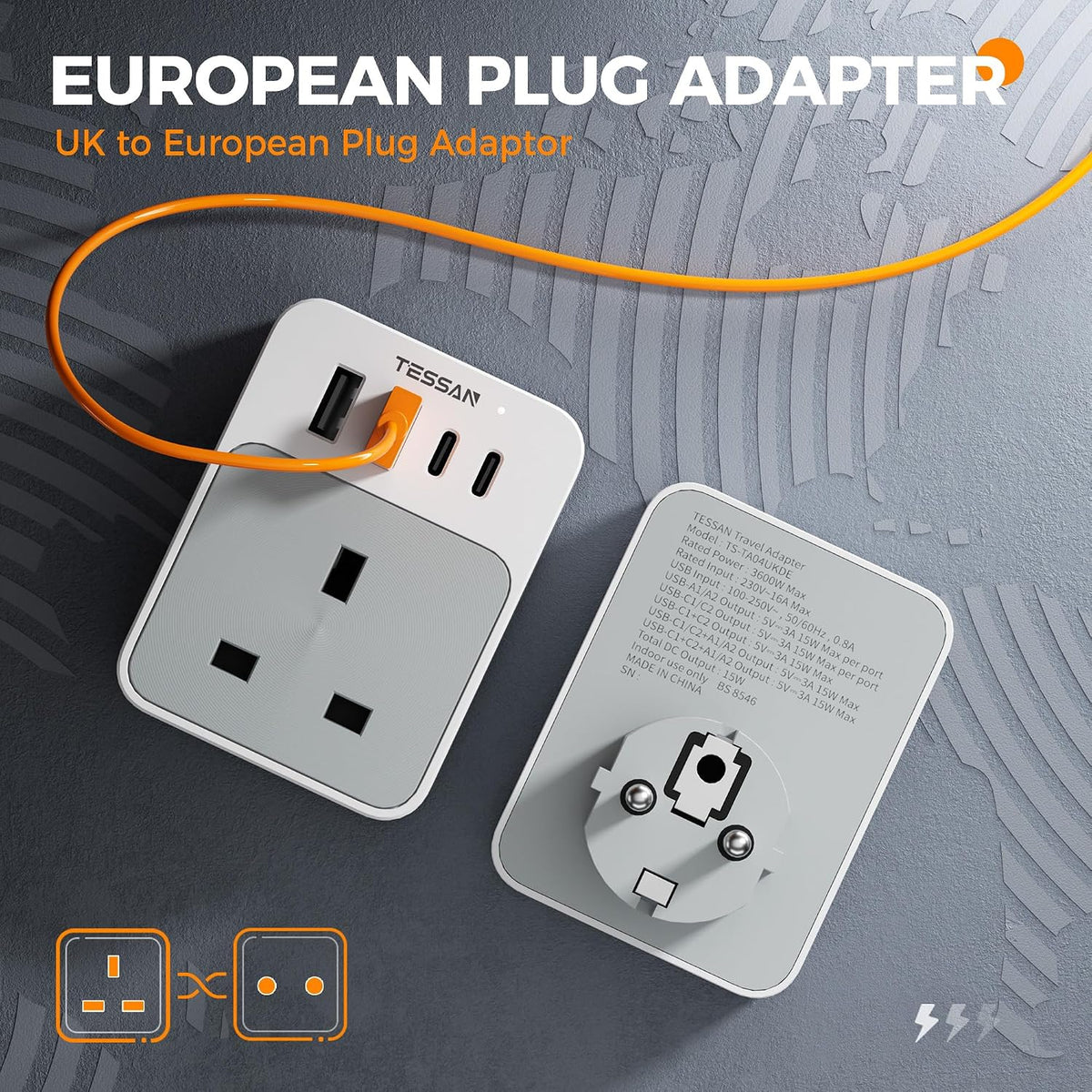 UK to European Plug Adapter, Type E F Travel Adapter with USB C