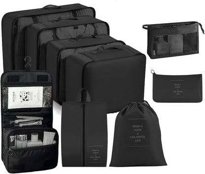 9 PCS Packing Cubes for Suitcases Waterproof Packing Cubes Black