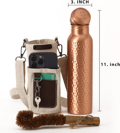 Hand Hammered Pure Copper Water Bottle 950 Ml – Ayurvedic Leakproof Metal Sports & Gym Water Bottle | BPA Free Large Water Bottle for Yoga Travel and Office Canvas Bag & Brush Lab Tested