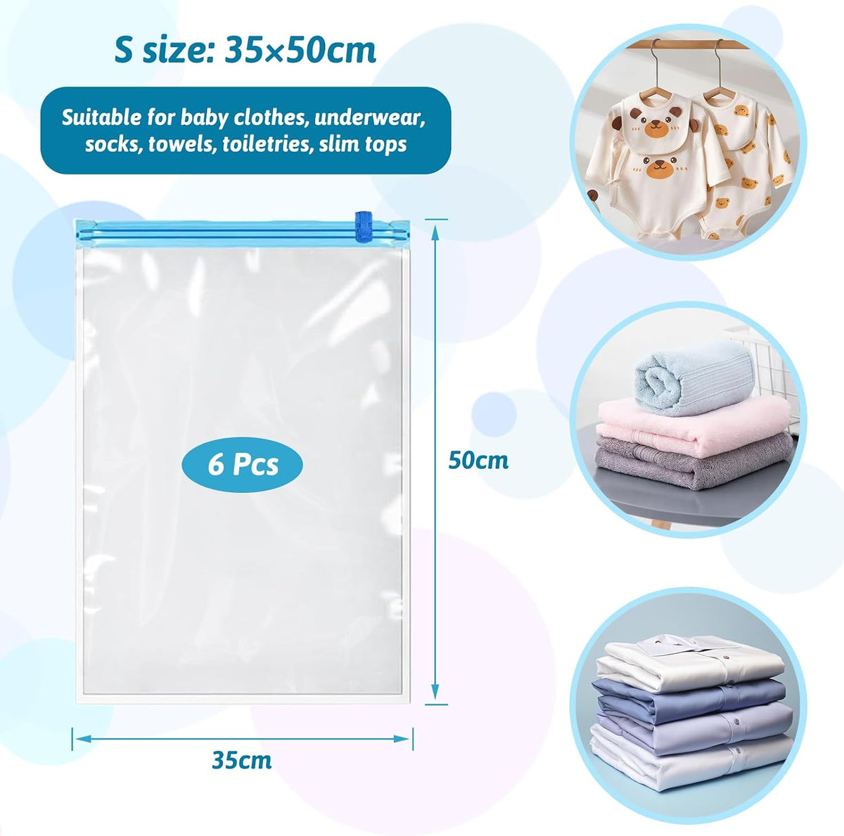Small Vacuum Storage Bags, 6 Pack Space Saver Bags, Roll-Up Compression Zipper Sealer Bags, Reusable Travel Vacuum Bags for Clothes - 35×50Cm (No Pump Included)