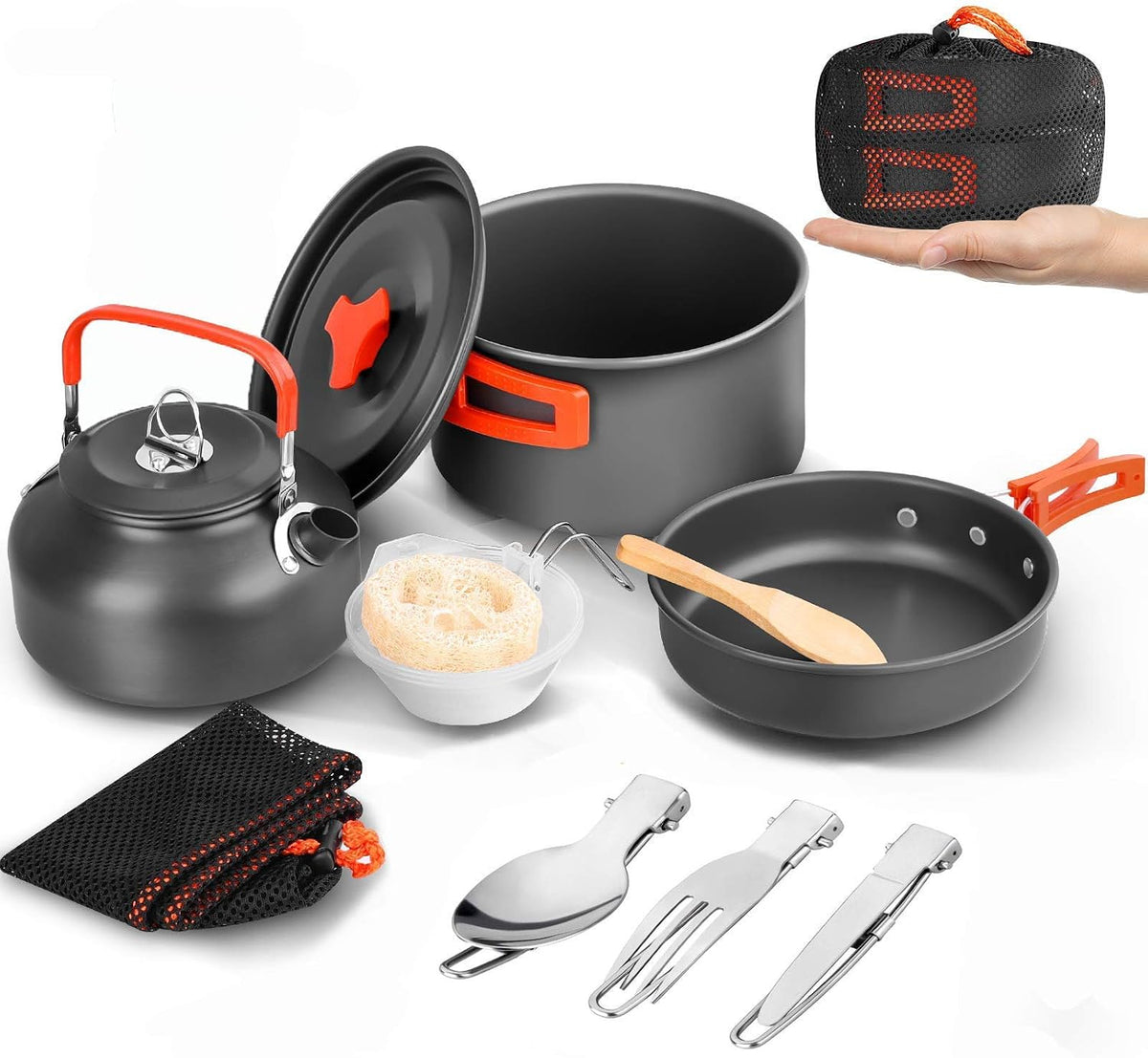 Camping Cookware Kit, Camping Cookware Set Outdoor Cooking Pot Pan Kettle Lightweight Camping Accessories Backpacking Hiking Gear for 2 to 3 People Picnic,Travel