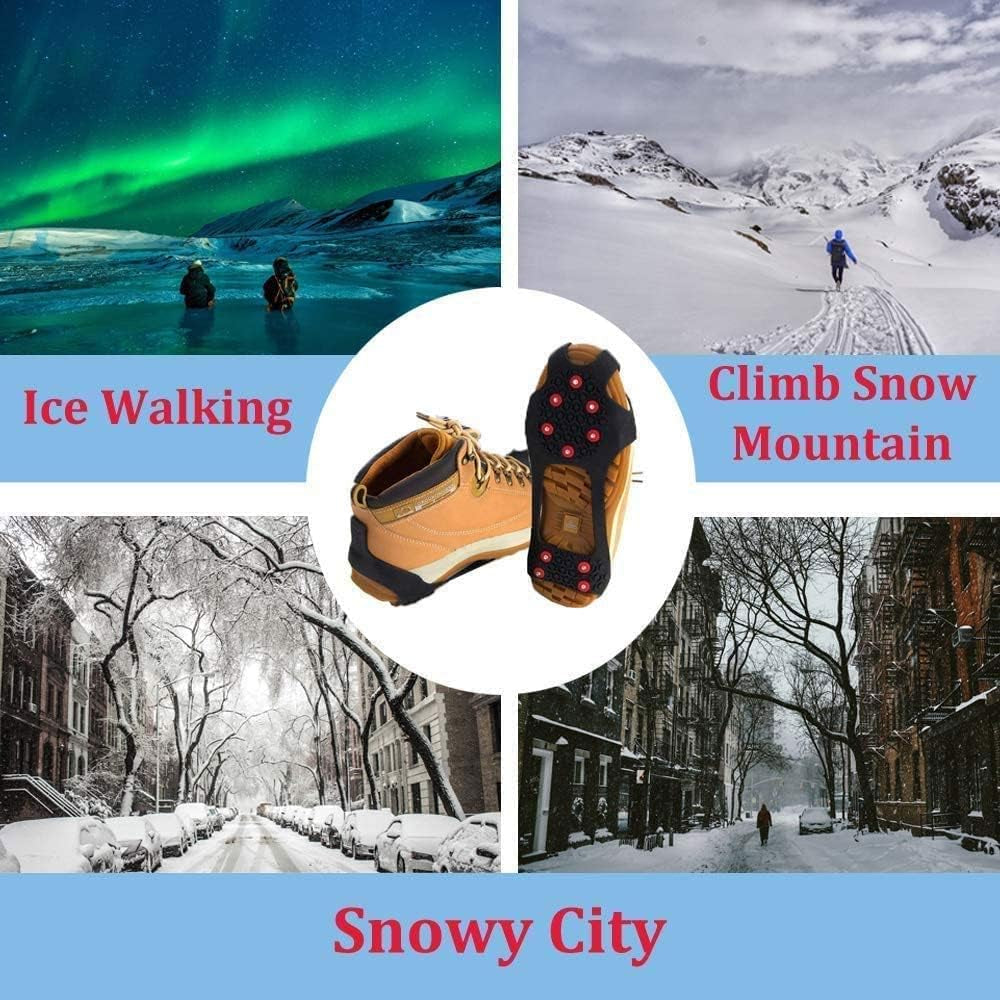 10-STUD Ice Snow Grips, anti Slip Winter Ice Cleats Universal Over-Shoe Spikes Stretch Fit Snow & Ice Crampons Traction Cleats Grips
