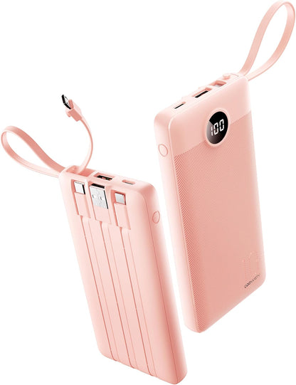 Power Bank, Slim 10000Mah Portable Charger with 4 Built in Cables