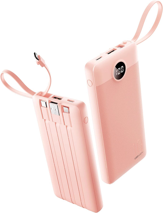 Power Bank, Slim 10000Mah Portable Charger with 4 Built in Cables