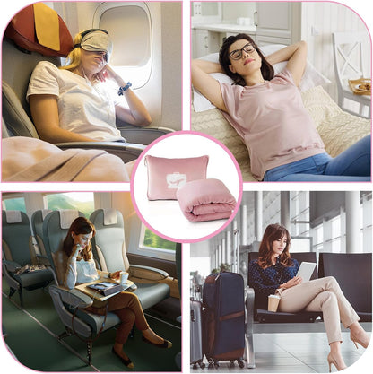 Travel Blanket and Pillow, Ultra Soft 2 in 1 Airplane Blanket with Compact Pillowcase, Luggage Strap, Lightweight Travel Essential, Ideal for Long Flights, Camping, Sunset (Light Pink)