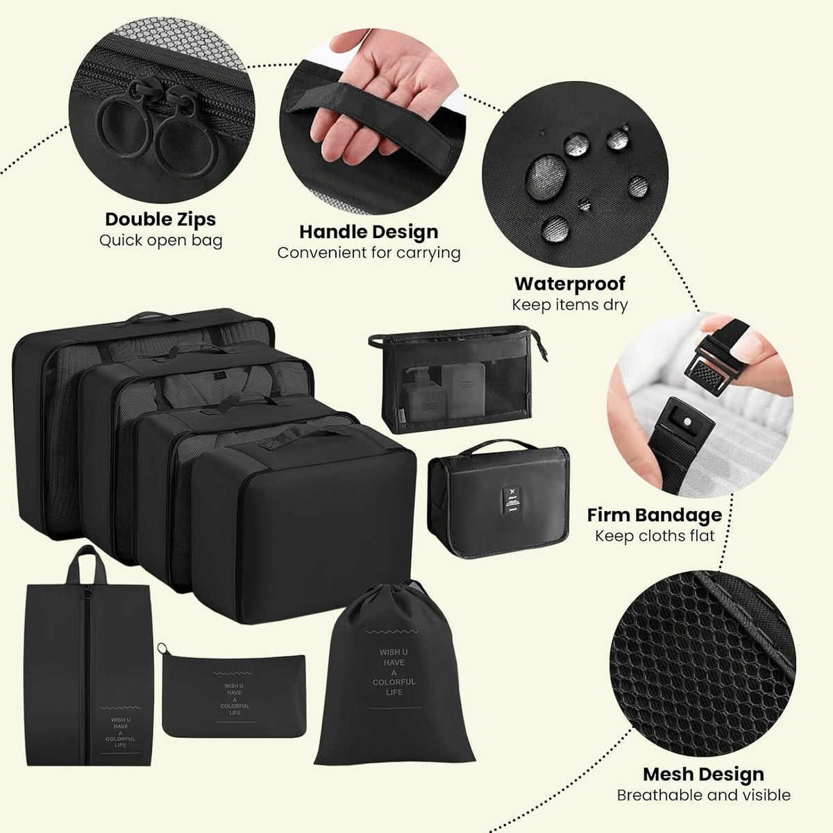 9 PCS Packing Cubes for Suitcases Waterproof Packing Cubes Black