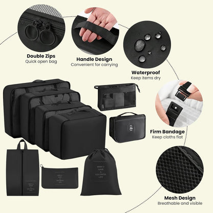 9 PCS Packing Cubes for Suitcases Waterproof Packing Cubes Black