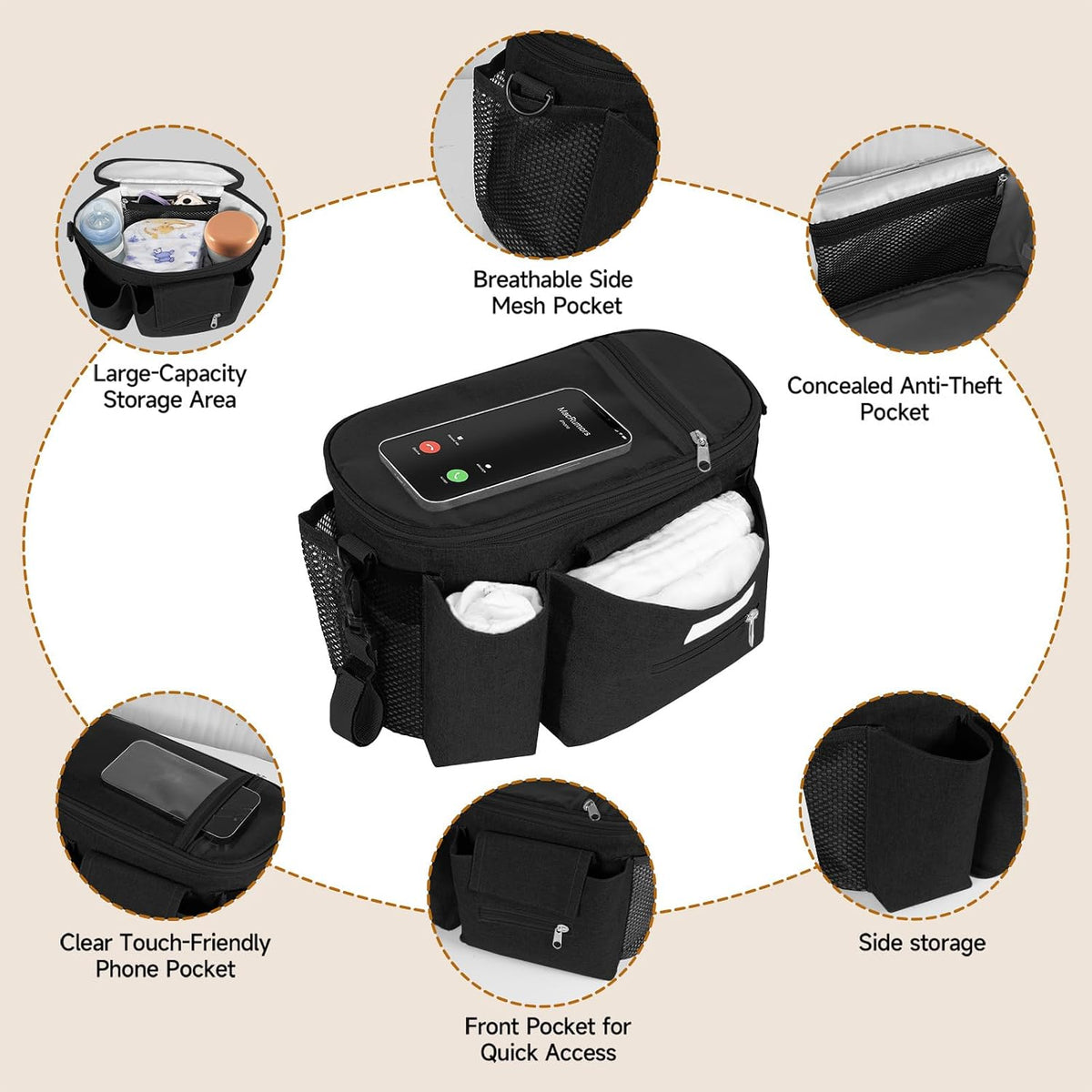 Pram Bag,Upgraded Pram Organiser with Touch Screen Phone Pocket,Stroller Organizer with 2 Mesh Bag and Adjustable Shoulder Strap,Baby Pushchair Organiser for Diapers,Wipes,Bottles,Keys(Black)
