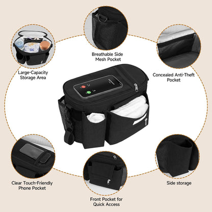 Pram Bag,Upgraded Pram Organiser with Touch Screen Phone Pocket,Stroller Organizer with 2 Mesh Bag and Adjustable Shoulder Strap,Baby Pushchair Organiser for Diapers,Wipes,Bottles,Keys(Black)