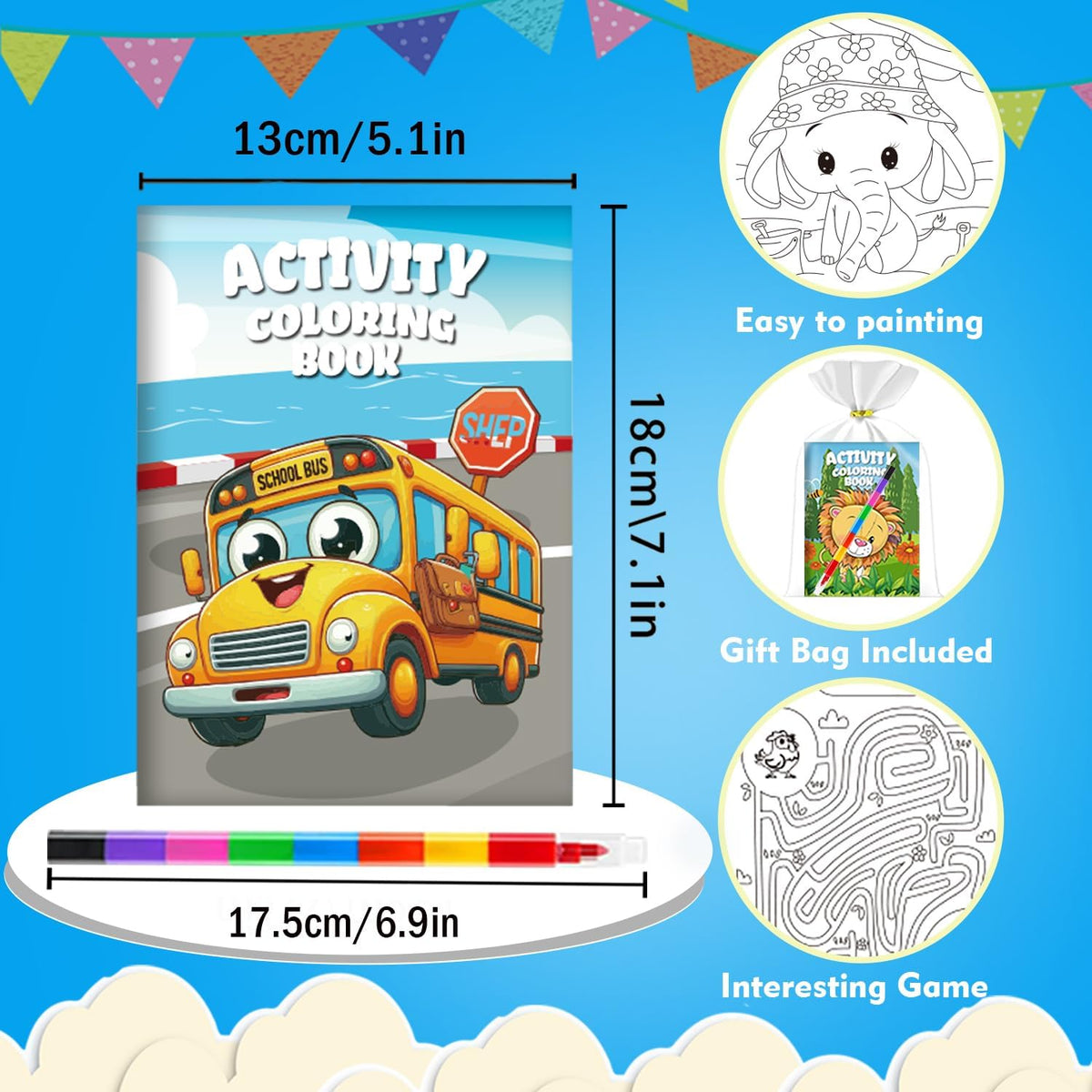 12 Pack Mini Colouring Books for Party Bags with 8-In-1 Crayons