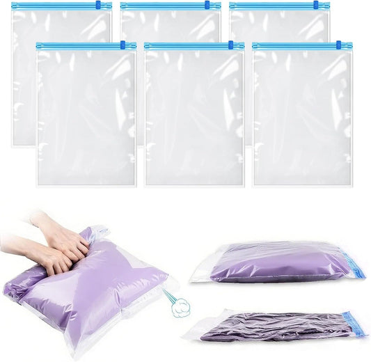 Small Vacuum Storage Bags, 6 Pack Space Saver Bags, Roll-Up Compression Zipper Sealer Bags, Reusable Travel Vacuum Bags for Clothes - 35×50Cm (No Pump Included)