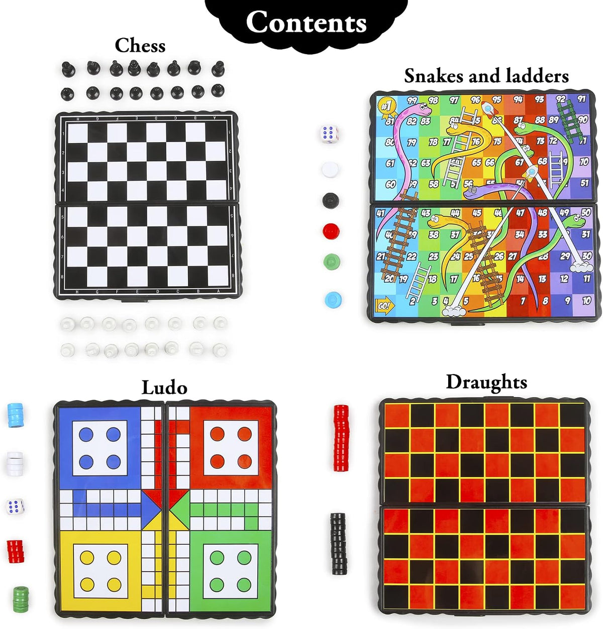 4 Mini Magnetic Games – 4 X Travel Games Includes Chess, Snakes and Ladders, Ludo & Draughts – Plane Activities for Kids - Travel & Pocket Games - Mini Travel Games