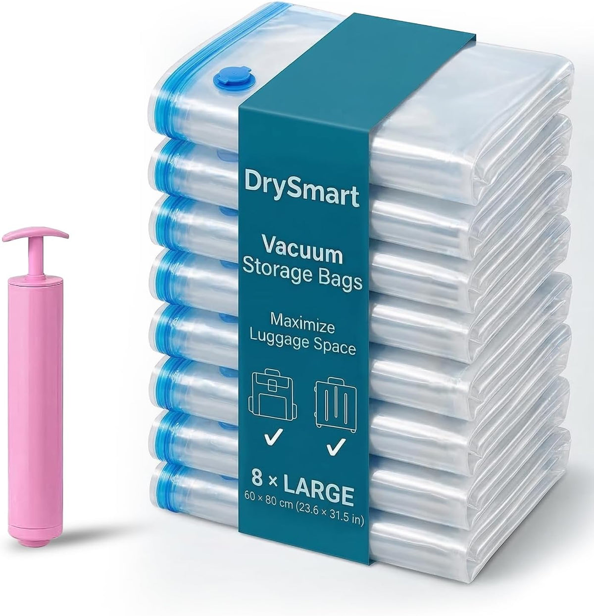 8 Vacuum Storage Bags with Hand Pump, (60 X 80Cm) Large Compression Storage Pack with Zip Seal, Space Saver Vacuum Pack Bags for Clothes, Bedding, Blankets, Luggage, Travel & Home