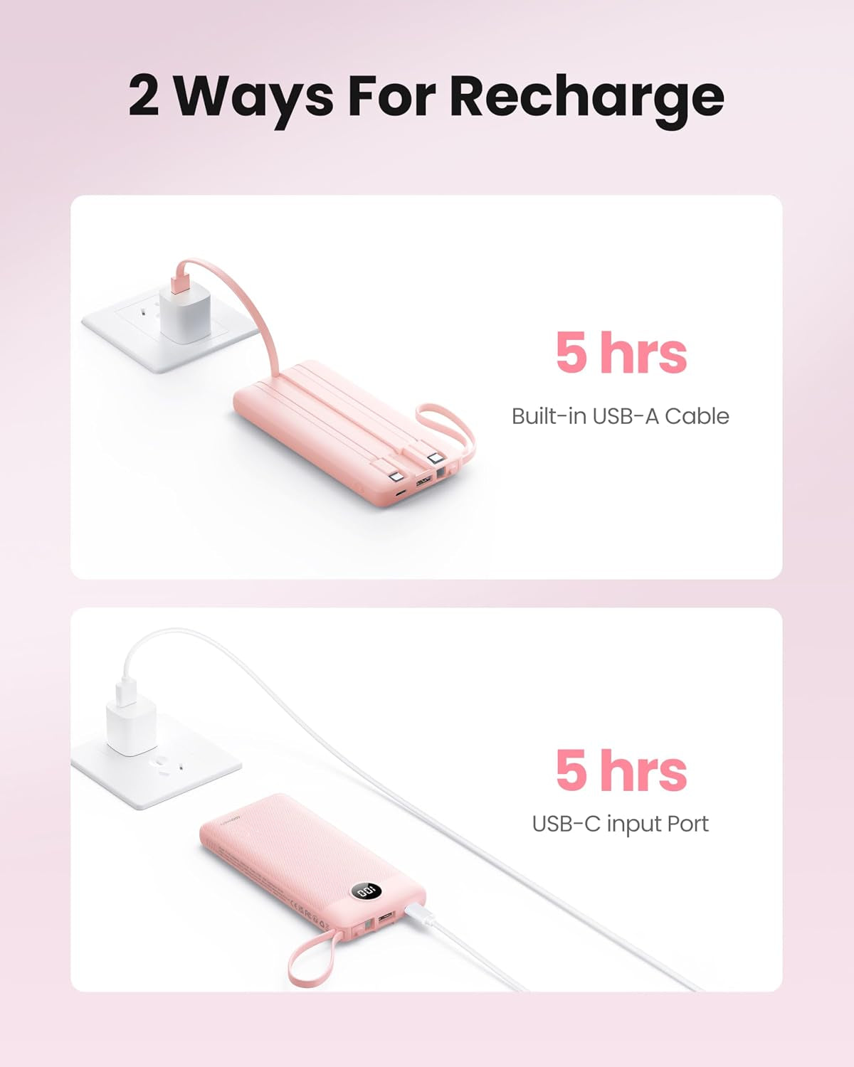 Power Bank, Slim 10000Mah Portable Charger with 4 Built in Cables