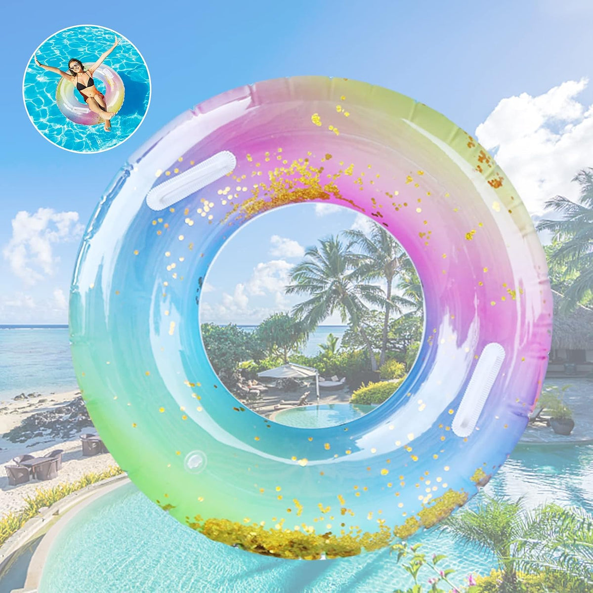 Swimming Ring Adults, Rainbow Sequins Swim Ring with Safy Handle, Transparent Floating Ring, Durable Inflatable Pool Floats, Swimming Ring Tube for Summer Pool Party and Water Sports