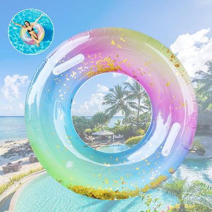 Swimming Ring Adults, Rainbow Sequins Swim Ring with Safy Handle, Transparent Floating Ring, Durable Inflatable Pool Floats, Swimming Ring Tube for Summer Pool Party and Water Sports