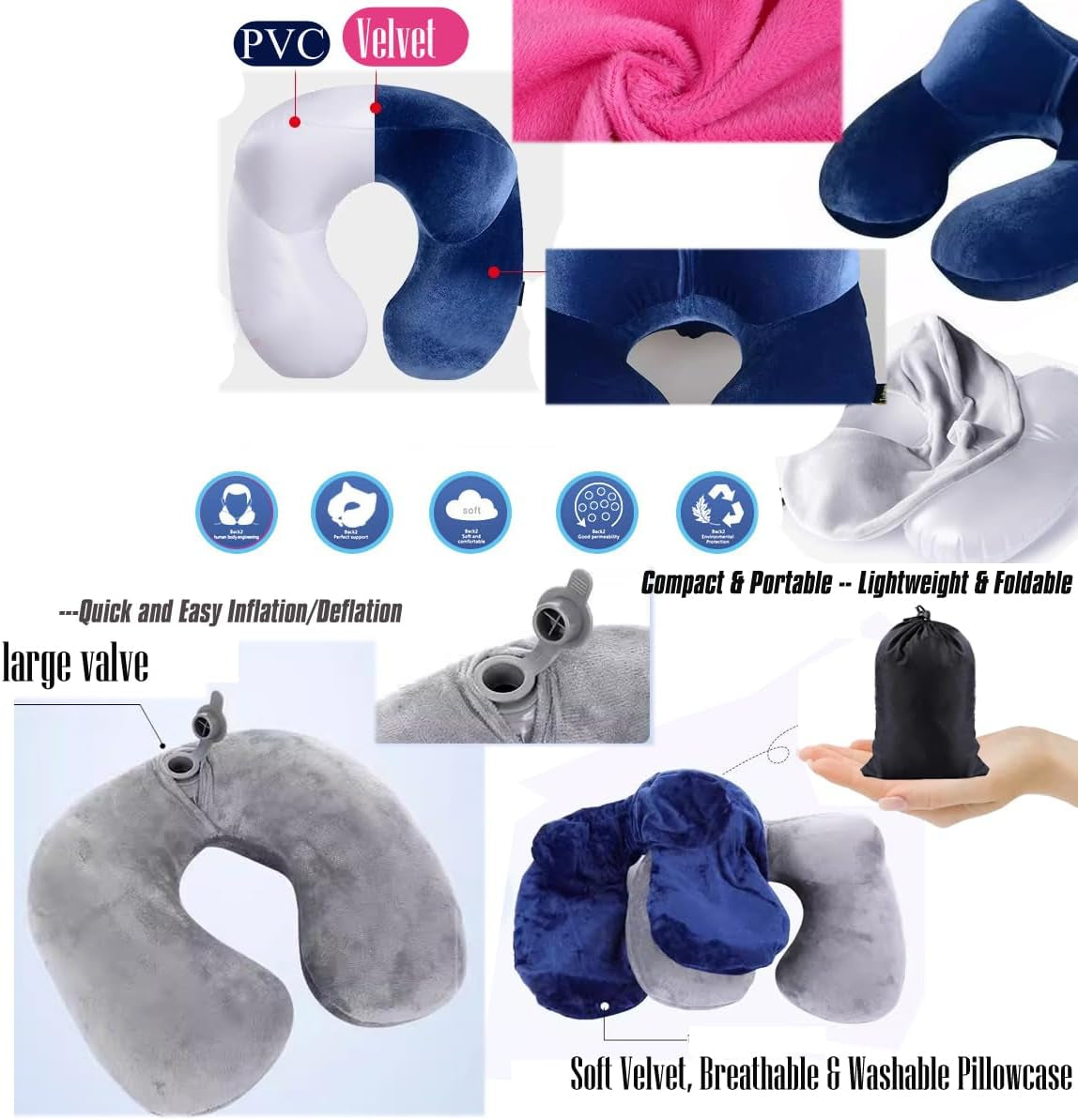 Inflatable Travel Pillow for Airplane Inflatable Neck Pillow for Traveling, Compact Ergonomic Neck Pillow Kits with Ear Plug and Eye Mask, Sleeping Rest Cushion for Airplane, Car, and Train (Blue)
