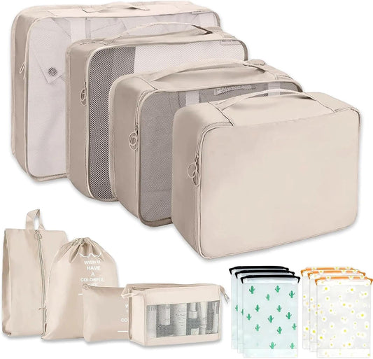 14 PCS Waterproof Packing Cubes Set, Beige Packing Cubes Set
