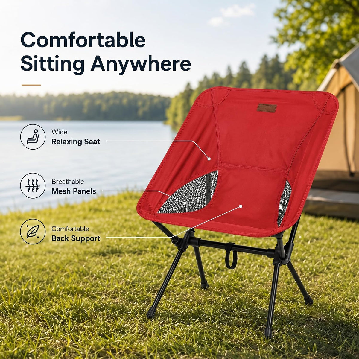 Folding Camping Chair, Pack of 1 - Compact & Lightweight Outdoor Chair for Adults, Comfortable Sitting, Ideal for Garden, Beach, Picnic, and Adventures (Red)