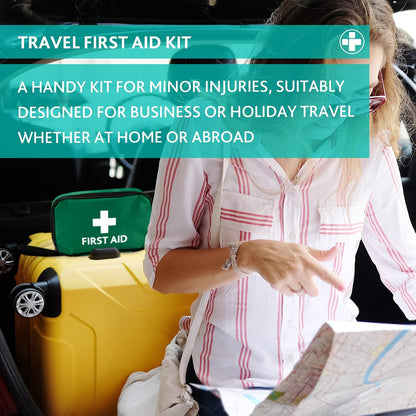 - (REL416) Handy Travel First Aid Kit, Travel Pouch With, Bandages, Cotton Wool Balls, Gloves, Plasters, Safety Pins, Scissors, Slick Bag and Cleansing Wipes (Green)