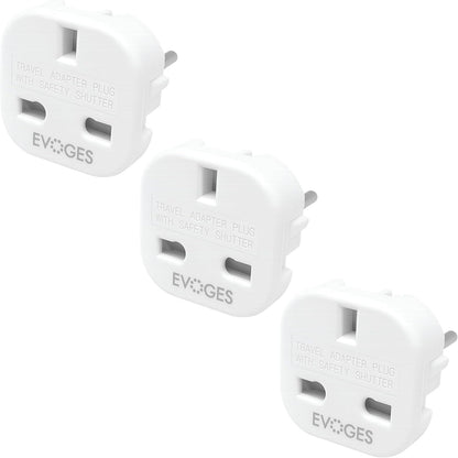 UK to European EU Travel Adapter Plug Type G to Type C,E,F, 3 Pin to 2 Pin Travel Europe White (Pack of 3)