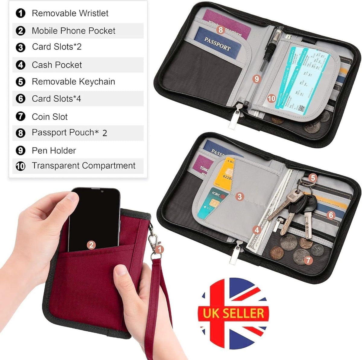 RFID Passport Holder Travel Wallet for 2 - A5 Zip Purse, Red