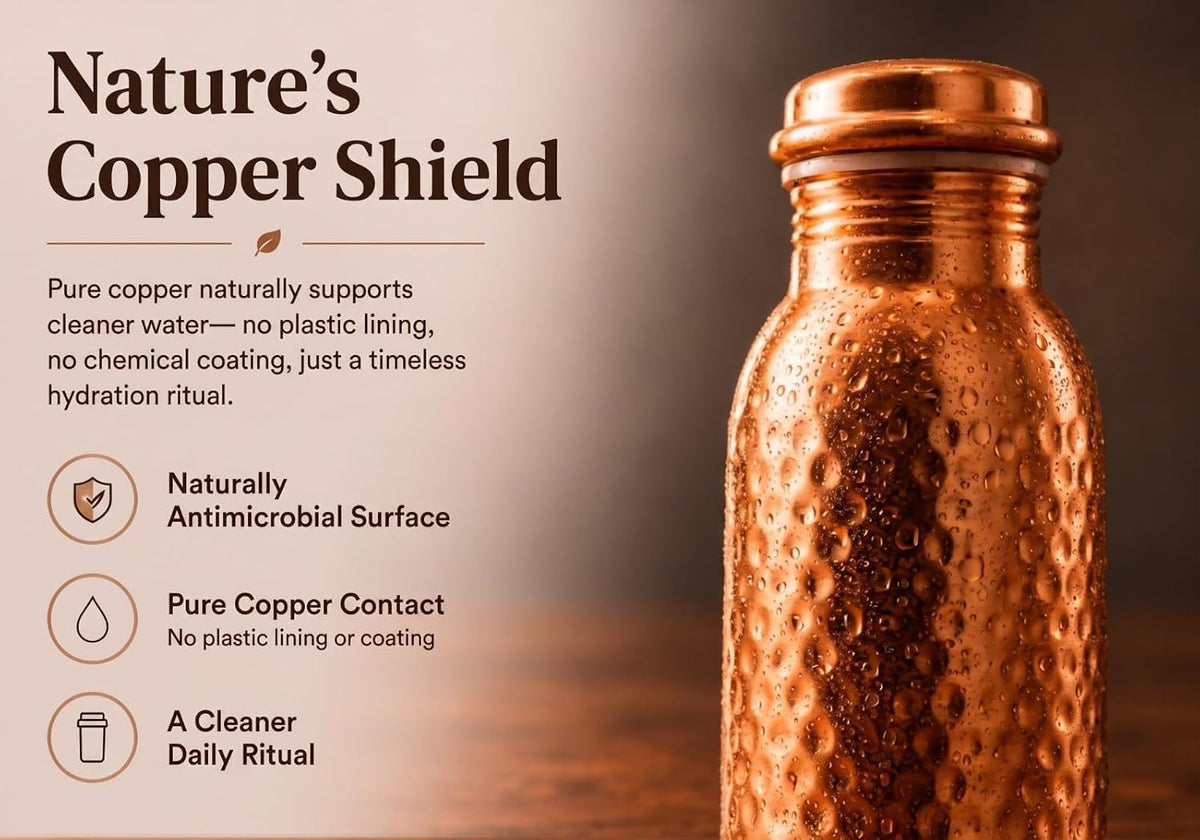 Hand Hammered Pure Copper Water Bottle 950 Ml – Ayurvedic Leakproof Metal Sports & Gym Water Bottle | BPA Free Large Water Bottle for Yoga Travel and Office Canvas Bag & Brush Lab Tested