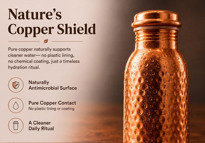 Hand Hammered Pure Copper Water Bottle 950 Ml – Ayurvedic Leakproof Metal Sports & Gym Water Bottle | BPA Free Large Water Bottle for Yoga Travel and Office Canvas Bag & Brush Lab Tested