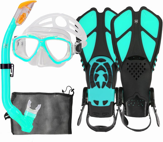 Children'S Snorkel Set with Fins, 180° Panorama Wide View Diving Goggles, Adjustable Swimming Fins, Diving Mask and Dry Top Snorkel with Carry Bag